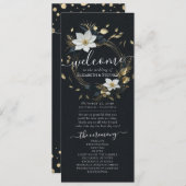Zwart Wit Goud Bloemen Krans Trouwprogramma Programmakaart (Voorkant / Achterkant)