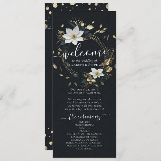 Zwart Wit Goud Bloemen Krans Trouwprogramma Programmakaart (Voorkant / Achterkant)