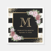 Zwart Wit Goud Bloemen Monogram Bruiloft Servetten (Voorkant)