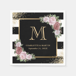 Zwart Wit Goud Bloemen Monogram Bruiloft Servetten