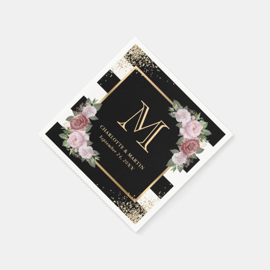 Zwart Wit Goud Bloemen Monogram Bruiloft Servetten (Hoek)