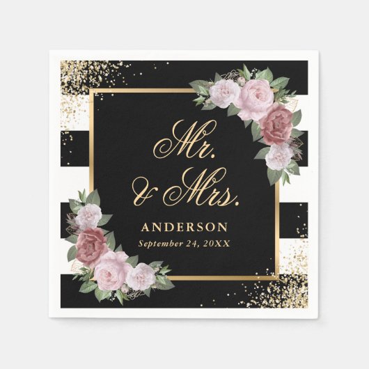 Zwart Wit Goud Bloemen Mr en Mrs Wedding Servet (Voorkant)