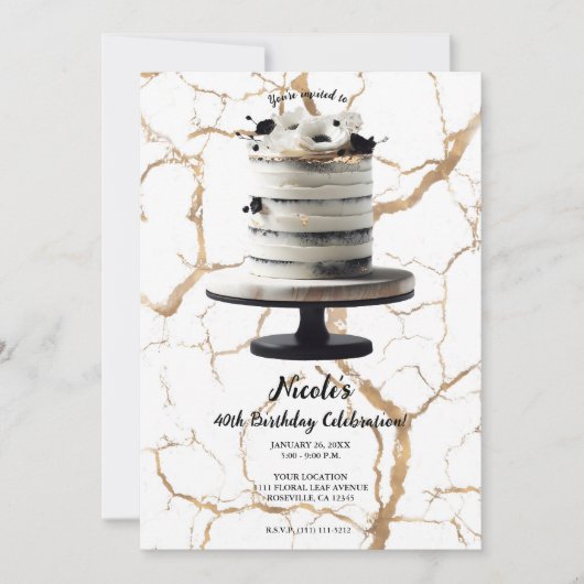 Zwart & Wit Goud Bloemen Tier Cake Verjaardagsfees Kaart (Voorkant)