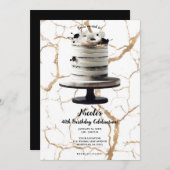 Zwart & Wit Goud Bloemen Tier Cake Verjaardagsfees Kaart (Voorkant / Achterkant)