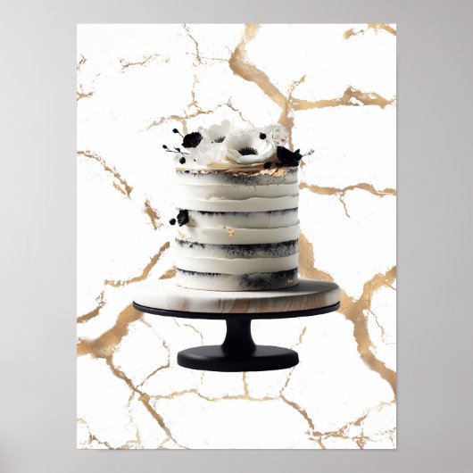 Zwart & Wit Goud Bloemen Tier Cake Vrijgezellenfee Poster (Voorkant)