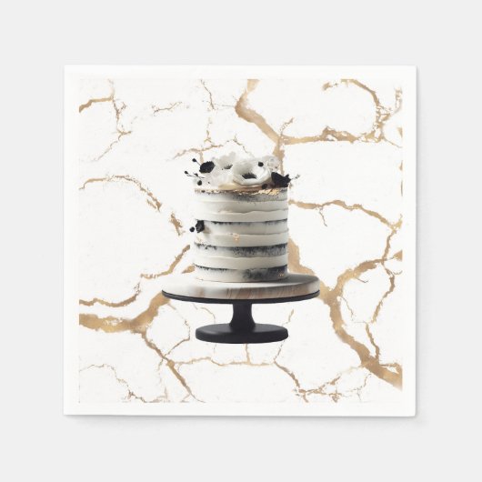 Zwart & Wit Goud Bloemen Tier Cake Vrijgezellenfee Servet (Voorkant)