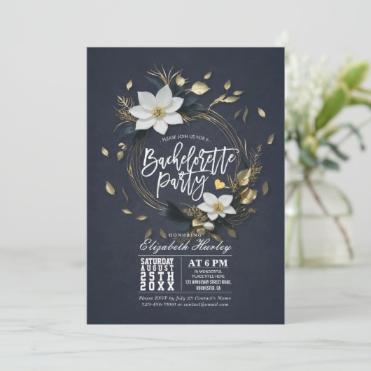 Zwart Wit Goud Bloemenkrans Bachelorette Party Kaart (Staand voorkant)