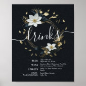 Zwart Wit Goud Bloemenkrans Bruiloft Drinken Menu Poster (Voorkant)
