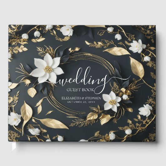 Zwart Wit Goud Bloemenkrans Bruiloft Gastenboek (Voorkant)