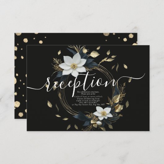Zwart Wit Goud Bloemenkrans Huwelijksreceptie Informatiekaartje (Voorkant / Achterkant)