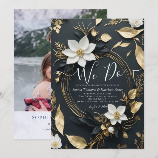 Zwart wit goud bloemenkrans we doen bruiloft foto kaart (Voorkant / Achterkant)