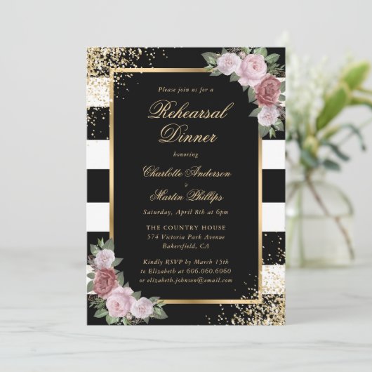Zwart Wit Goud Blush Bloemen Repetitie Diner Kaart (Staand voorkant)