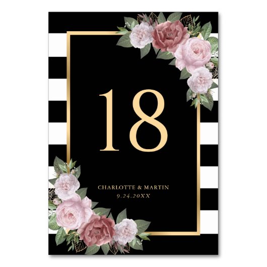 Zwart Wit Goud Blush Bloemen Tafel Nummer Kaart (Voorkant)