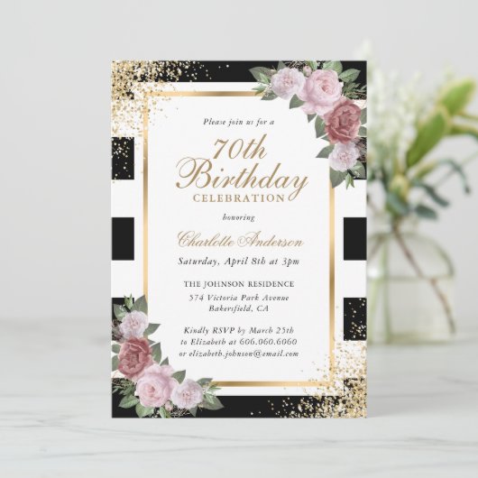 Zwart Wit Goud Blush Roze Bloemen 70e Verjaardag Kaart (Staand voorkant)