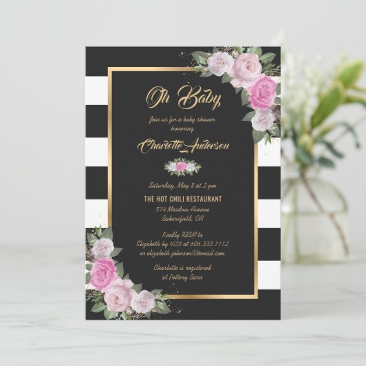 Zwart Wit Goud Blush Roze Bloemen Baby shower Kaart (Staand voorkant)
