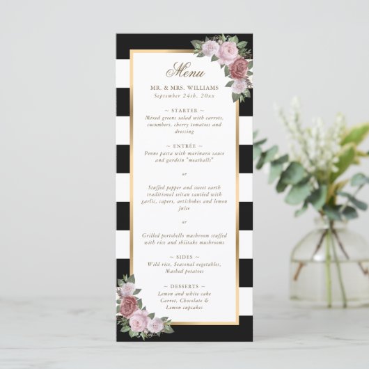 Zwart Wit Goud Blush Roze Bloemen Huwelijk Menu (Staand voorkant)