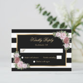 Zwart Wit Goud Blush Roze Bloemen Huwelijk RSVP Kaartje (Staand voorkant)