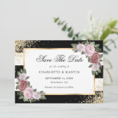 Zwart Wit Goud Blush Roze Bloemen Huwelijk Save The Date (Staand voorkant)