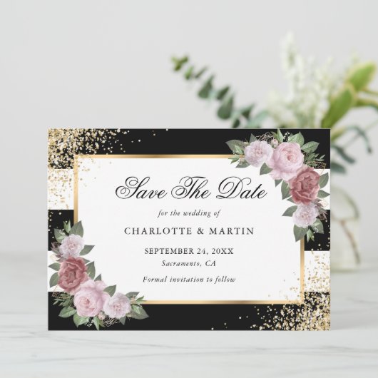 Zwart Wit Goud Blush Roze Bloemen Huwelijk Save The Date (Staand voorkant)