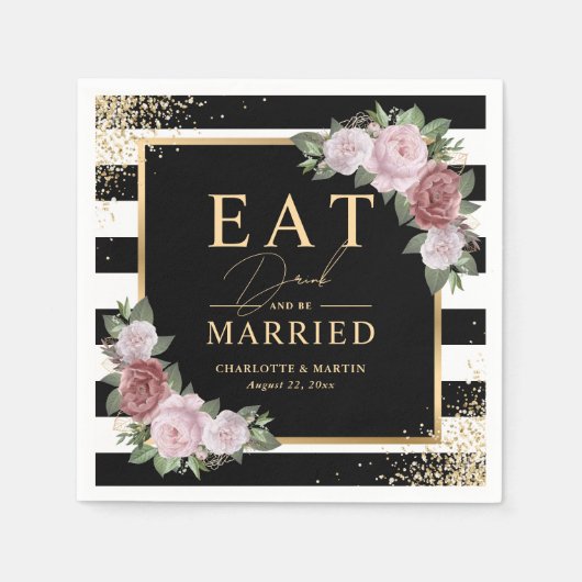 Zwart Wit Goud Blush Roze Bloemen Huwelijk Servet (Voorkant)