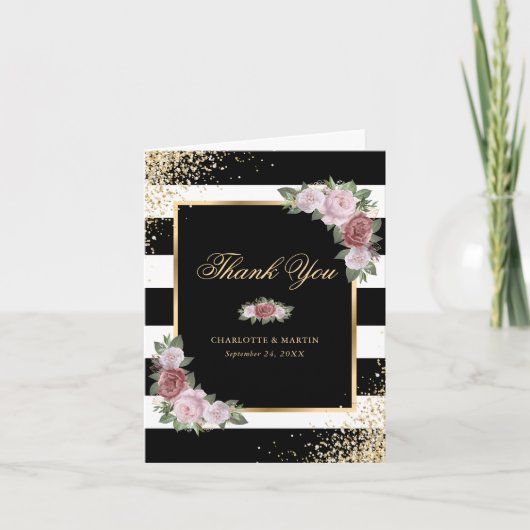 Zwart Wit Goud Blush Roze Bloemen Trouwfoto Bedankkaart (Voorkant)