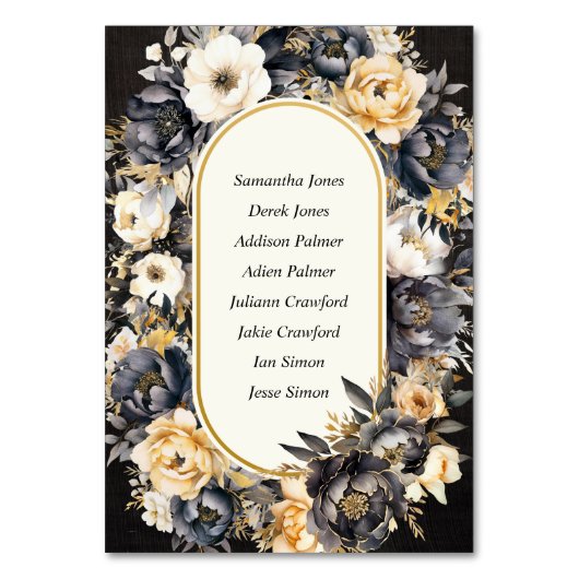 Zwart Wit & Goud Botanische Bloem Tafelkaart Kaart (Achterkant)