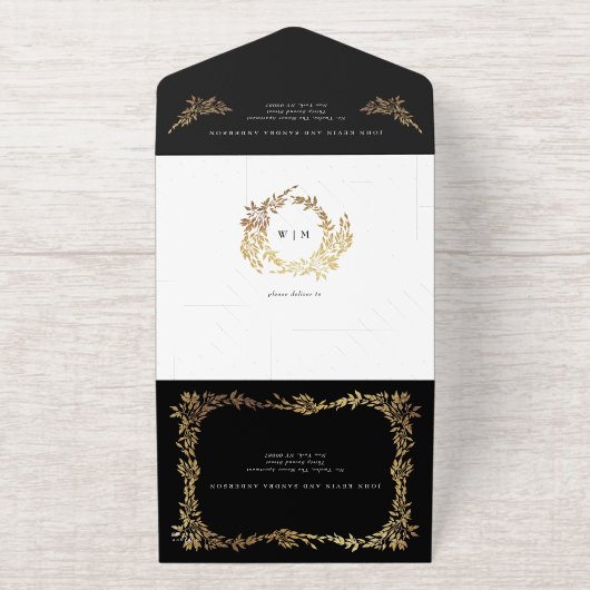 Zwart Wit Goud Botanische Klassieke Krans Trouwen All In One Uitnodiging (Buiten)