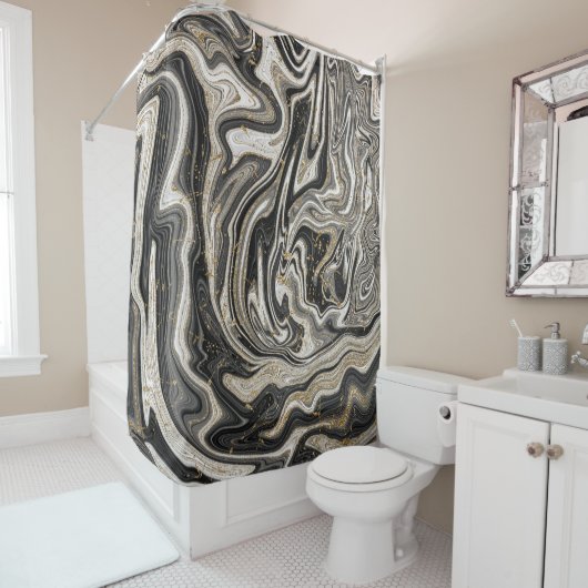 Zwart Wit & Goud Chic Swirl Modern Abstract Douchegordijn (In situ)
