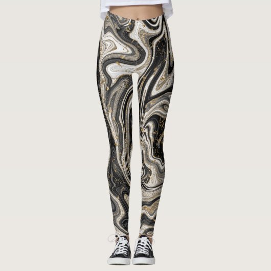 Zwart Wit & Goud Chic Swirl Modern Abstract Leggings (Voorkant)