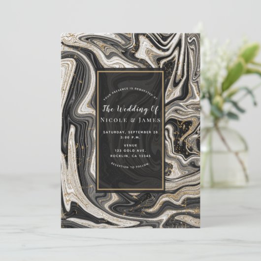 Zwart Wit & Goud Chique Swirl Moderne Bruiloft Kaart (Staand voorkant)