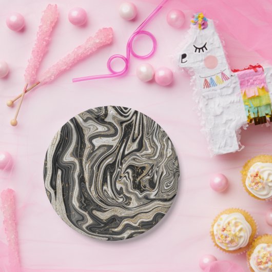 Zwart Wit & Goud Chique Swirl Moderne Bruiloft Papieren Bordje (Feest)