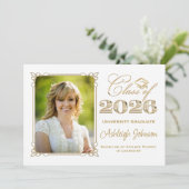 Zwart, Wit, Goud Class of 2025 Foto Afstuderen Kaart (Staand voorkant)