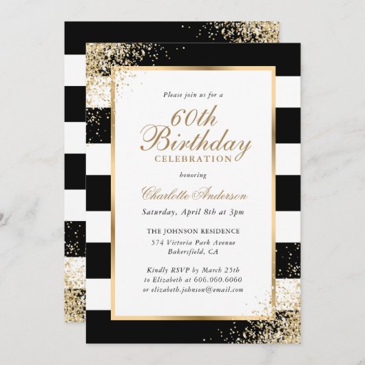 Zwart Wit Goud Confetti 60ste Verjaardag Kaart (Voorkant / Achterkant)