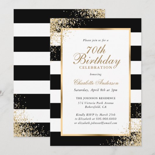 Zwart Wit Goud Confetti 70ste Verjaardag Kaart (Voorkant / Achterkant)