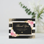 Zwart Wit Goud Confetti Blush Bloemen Dank u Briefkaart (Staand voorkant)