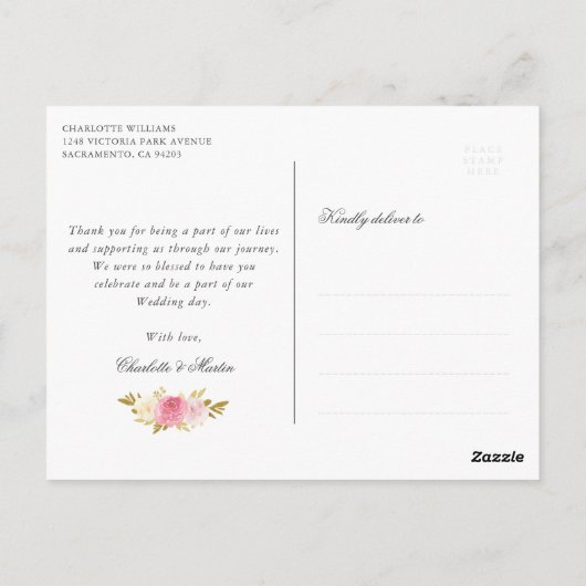 Zwart Wit Goud Confetti Blush Bloemen Dank u Briefkaart (Achterkant)