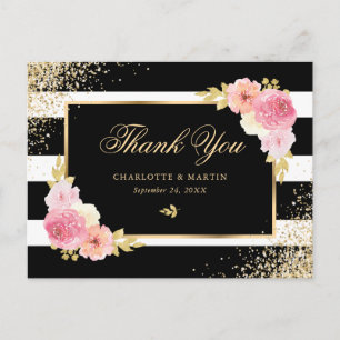Zwart Wit Goud Confetti Blush Bloemen Dank u Briefkaart