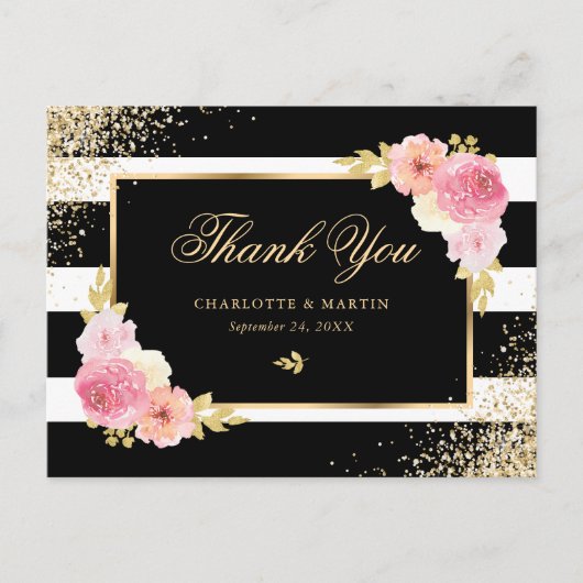 Zwart Wit Goud Confetti Blush Bloemen Dank u Briefkaart (Voorkant)