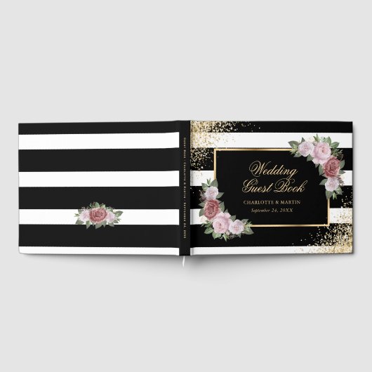 Zwart Wit Goud Confetti Blush Bloemen Huwelijk Gastenboek (Volledig)