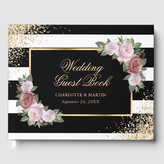 Zwart Wit Goud Confetti Blush Bloemen Huwelijk Gastenboek (Voorkant)
