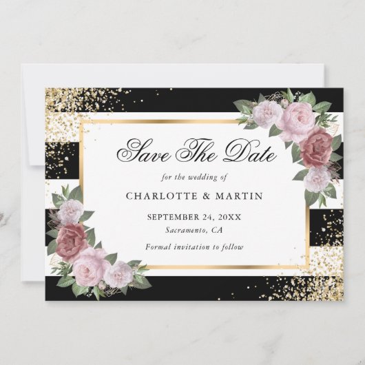 Zwart Wit Goud Confetti Blush Bloemen Huwelijk Save The Date (Voorkant)