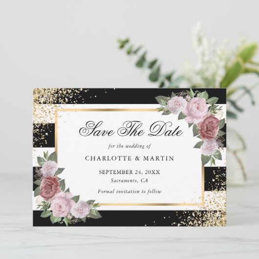 Zwart Wit Goud Confetti Blush Bloemen Huwelijk Save The Date (Staand voorkant)