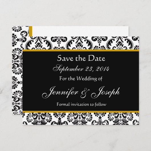 Zwart Wit Goud Damask Save Date Briefkaart (Voorkant / Achterkant)
