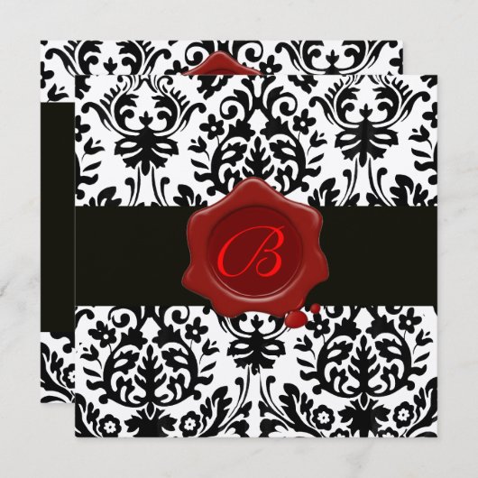 ZWART & WIT GOUD DAMAST, RODE WAX ZEGEL MONOGRAM KAART (Voorkant / Achterkant)