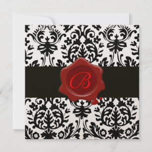 ZWART & WIT GOUD DAMAST, RODE WAX ZEGEL MONOGRAM KAART