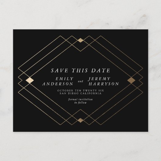 Zwart Wit Goud Deco Lijnen Sla de datum bruiloft Briefkaart (Voorkant)