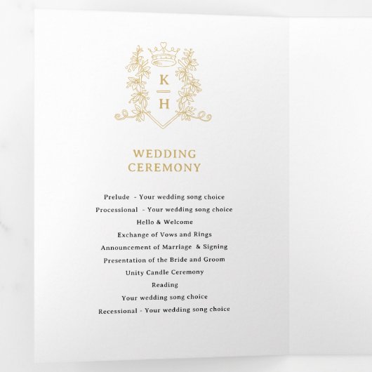 Zwart wit goud foto kroon monogram bruiloft drieluik programma (Binnenzijde eerst)
