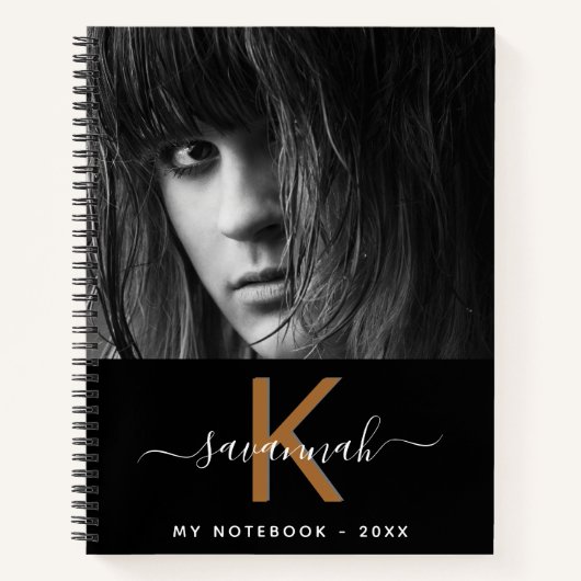 Zwart wit goud foto monogram script notitieboek (Voorkant)