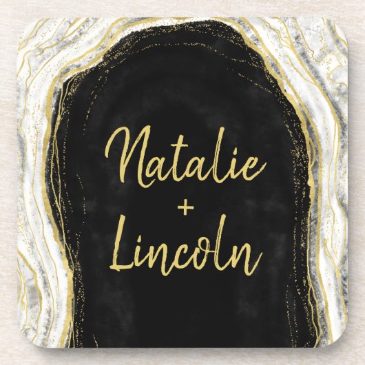 Zwart Wit & Goud Geode Agaat Bruiloft Monogram Bier Onderzetter (Voorkant)