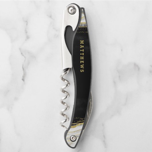 Zwart Wit & Goud Geode Agaat Bruiloft Monogram Kurkentrekker (Voorkant)